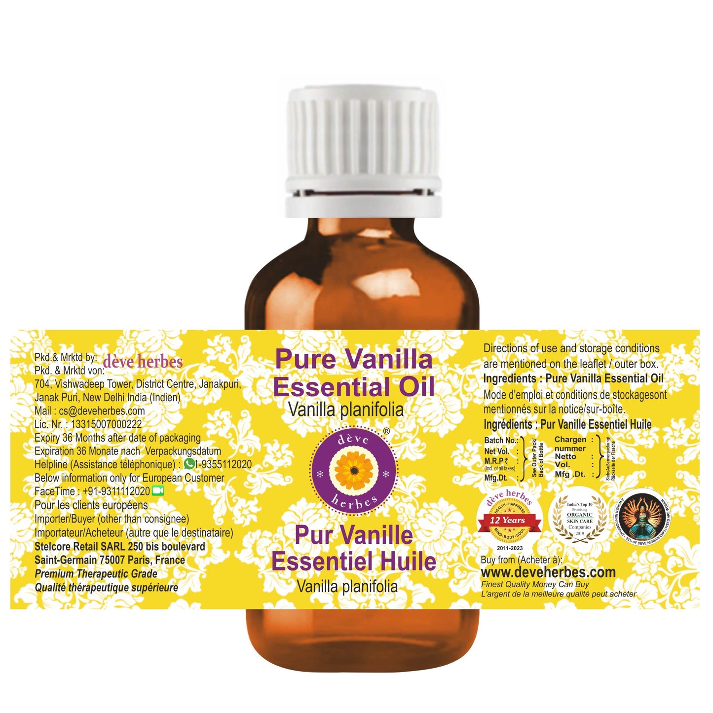 dève herbes Vanilla Essential Oil (Vanilla planifolia) Pure | Non-Sticky | Non-Greasy | Lightweight | Men & Women | All Skin Types | Steam Distilled 30ml (1 oz)