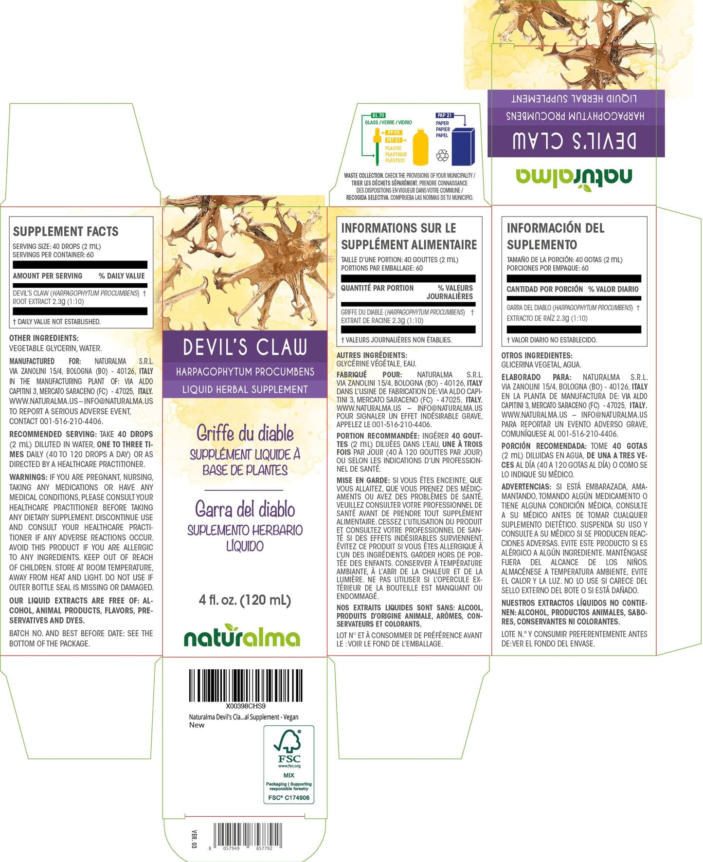 Naturalma Devil's Claw (Harpagophytum procumbens) Root Tincture 4 fl oz - Alcohol-Free Drops - Vegan