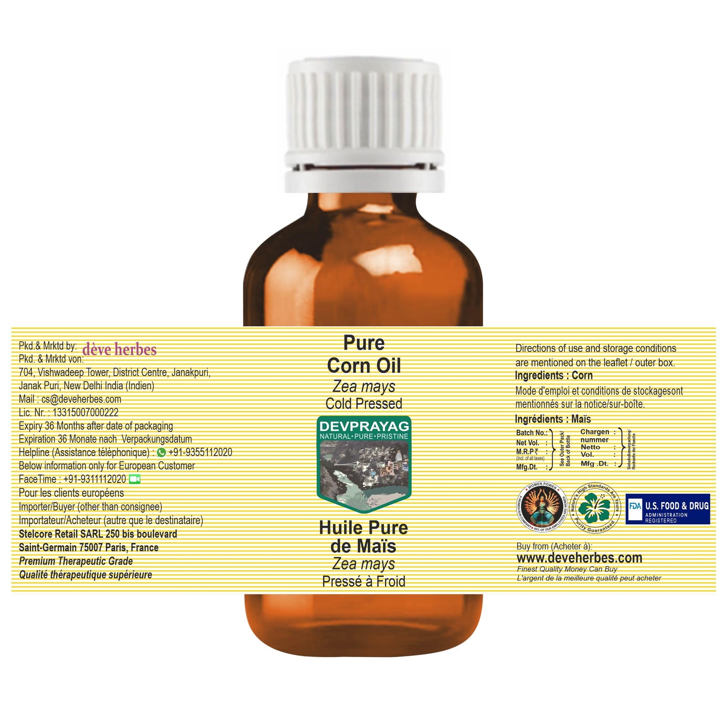DEVPRAYAG Corn Oil (Zea mays) – Cold-Pressed Carrier Oil for Skin, Hair & Massage | 30ml