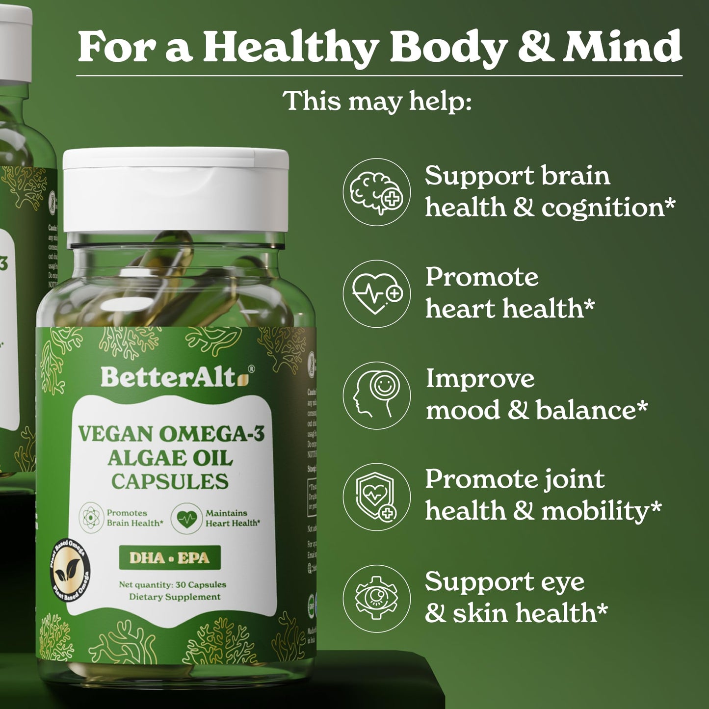 Better Alt Vegan Omega-3 Softgel Capsules | Algae Oil (1000 mg) | 501 mg DHA | 6 mg EPA | Helps Promote Brain Health | 1-Month Dietary Supplement
