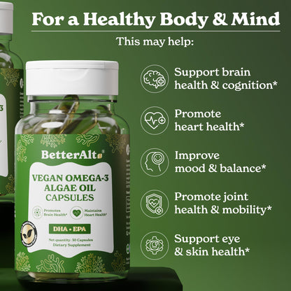 Better Alt Vegan Omega-3 Softgel Capsules | Algae Oil (1000 mg) | 501 mg DHA | 6 mg EPA | Helps Promote Brain Health | 1-Month Dietary Supplement