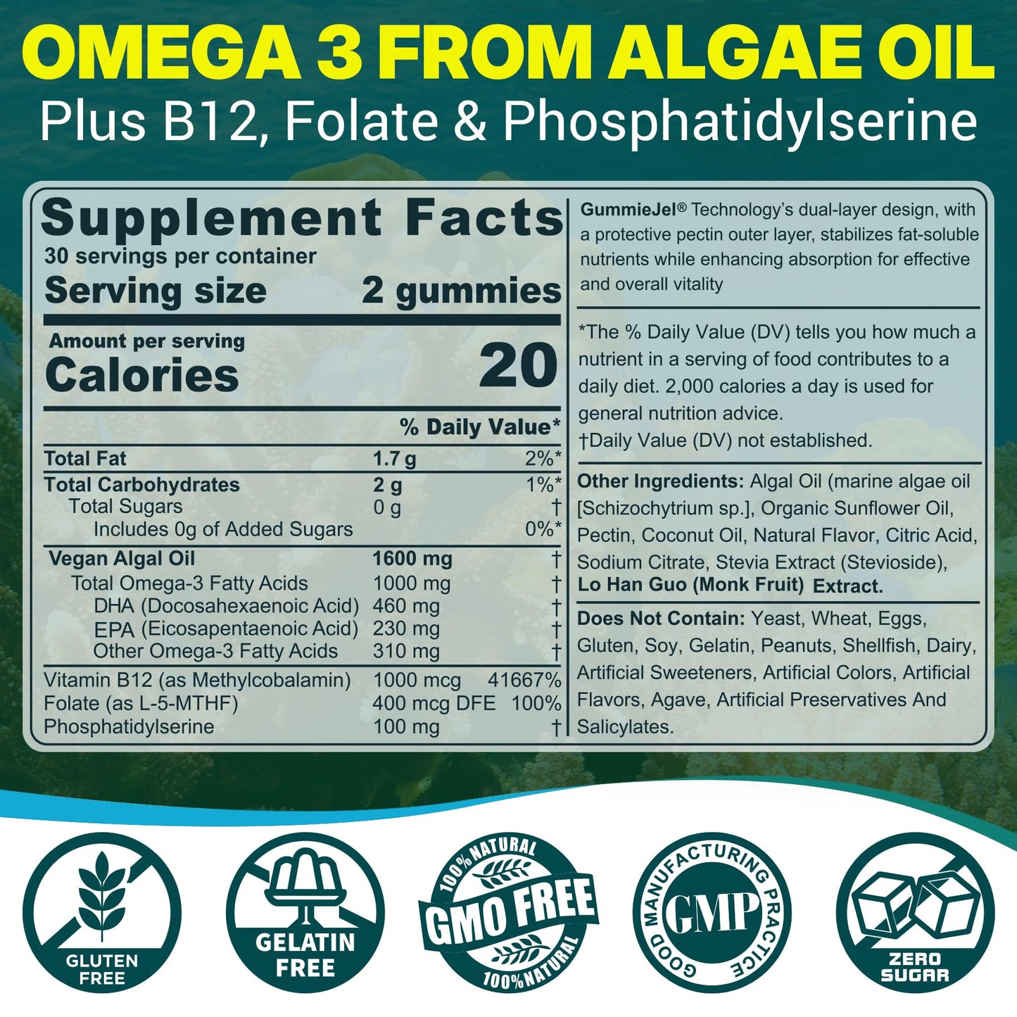 Algae Omega-3 Gummies 1000mg | Vegan DHA 460mg EPA 230mg | 60 Count
