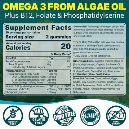 Algae Omega-3 Gummies 1000mg | Vegan DHA 460mg EPA 230mg | 60 Count