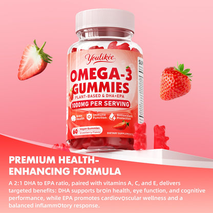 Vegan Omega-3 Gummies 1000mg | Algae DHA 460mg & EPA 230mg | Strawberry