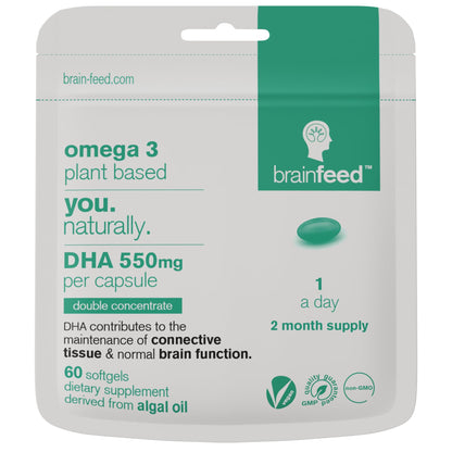 DHA Supplements (60) | Double Concentrate Omega 3 DHA 500mg PER Capsule - 1 a day | Brain & Eye Health Support | Vegan DHA - Omega 3 Algae Oil | DHA 1000mg x 2 Capsules | 2 Month Supply | Sustainable