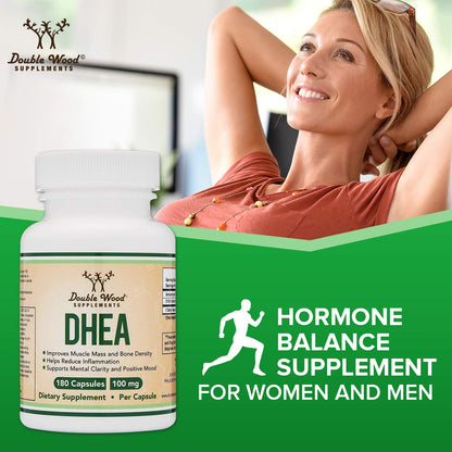 DHEA 100mg - 180 Capsules | Max Strength 6 Month Supply | Third-Party Tested | Hormone Balance & Healthy Aging | Double Wood