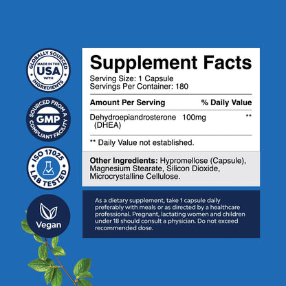 DHEA Supplement for Women & Men - Pure DHEA 100mg for Hormone Balance, Improves Mood Stability, Brain Function, Immune System, Energy & Fertility - Dehydroepiandrosterone Capsules for Adults - 180 Ct