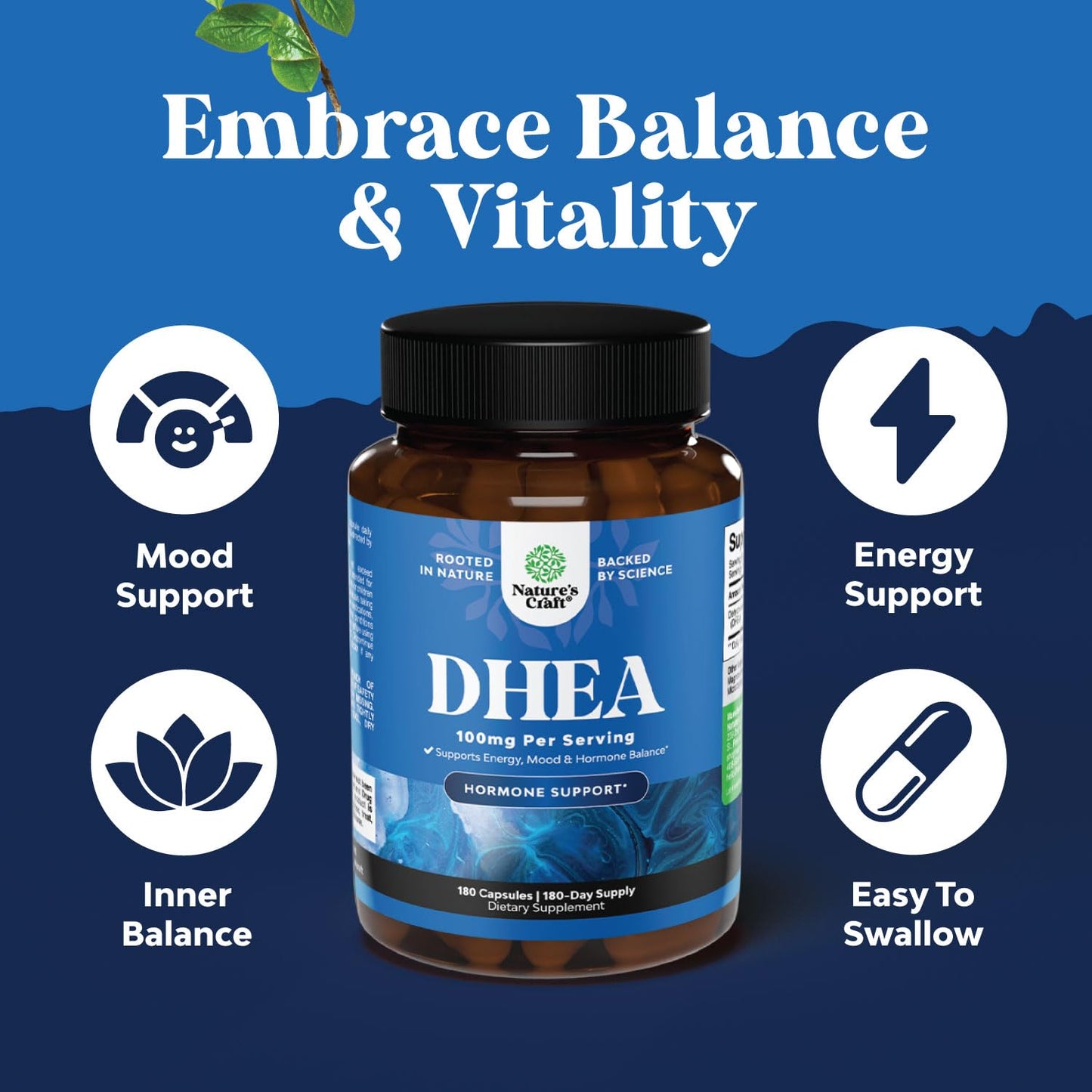 DHEA Supplement for Women & Men - Pure DHEA 100mg for Hormone Balance, Improves Mood Stability, Brain Function, Immune System, Energy & Fertility - Dehydroepiandrosterone Capsules for Adults - 180 Ct