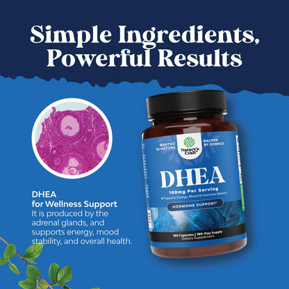 DHEA Supplement for Women & Men - Pure DHEA 100mg for Hormone Balance, Improves Mood Stability, Brain Function, Immune System, Energy & Fertility - Dehydroepiandrosterone Capsules for Adults - 180 Ct