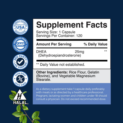 DHEA 25mg Supplement for Women & Men - Hormone Balance, Mood & Energy - 120 Ct