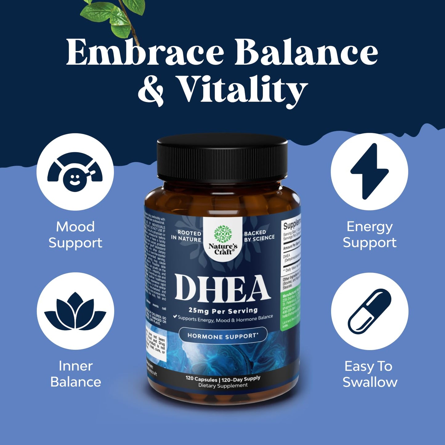DHEA 25mg Supplement for Women & Men - Hormone Balance, Mood & Energy - 120 Ct