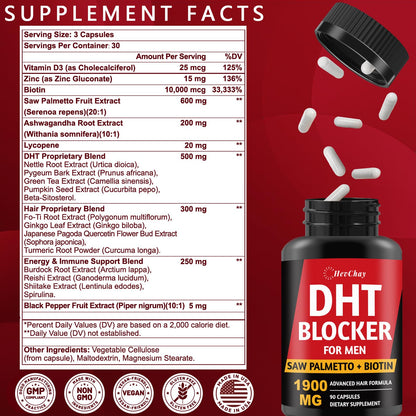 DHT Blocker for Men | Extra Strength Saw Palmetto & Biotin Hair Growth Supplement - Hair Growth Vitamins - Hair Regrowth - Natural Hair Loss Supplements for Men - Proprietary Herbal Blends,1 Pack