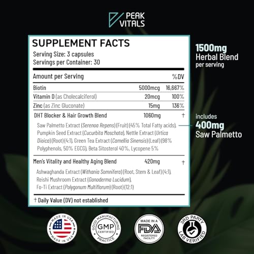 DHT Blocker for Men – Potent Hair Growth Formula | Saw Palmetto, Biotin, Pumpkin Seed | USA Made | 90 Capsules