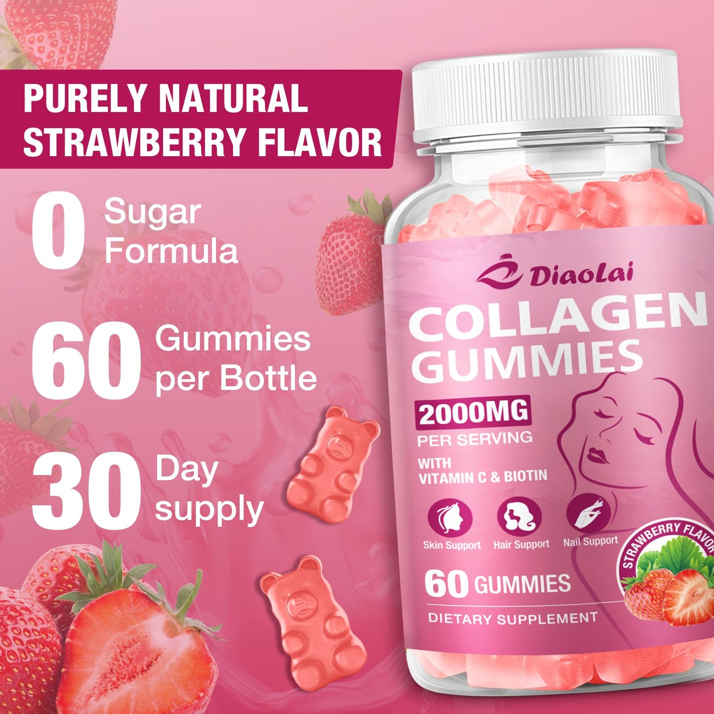 DIAOLAI Sugar-Free Multi Collagen Gummies – 5 Types I-V-X, Biotin & Vitamin C | Strawberry, 120 Gummies