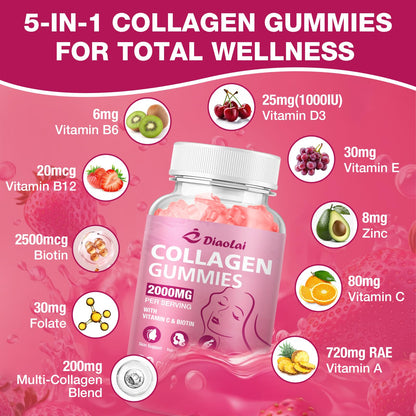 DIAOLAI Sugar-Free Multi Collagen Gummies – 5 Types I-V-X, Biotin & Vitamin C | Strawberry, 120 Gummies