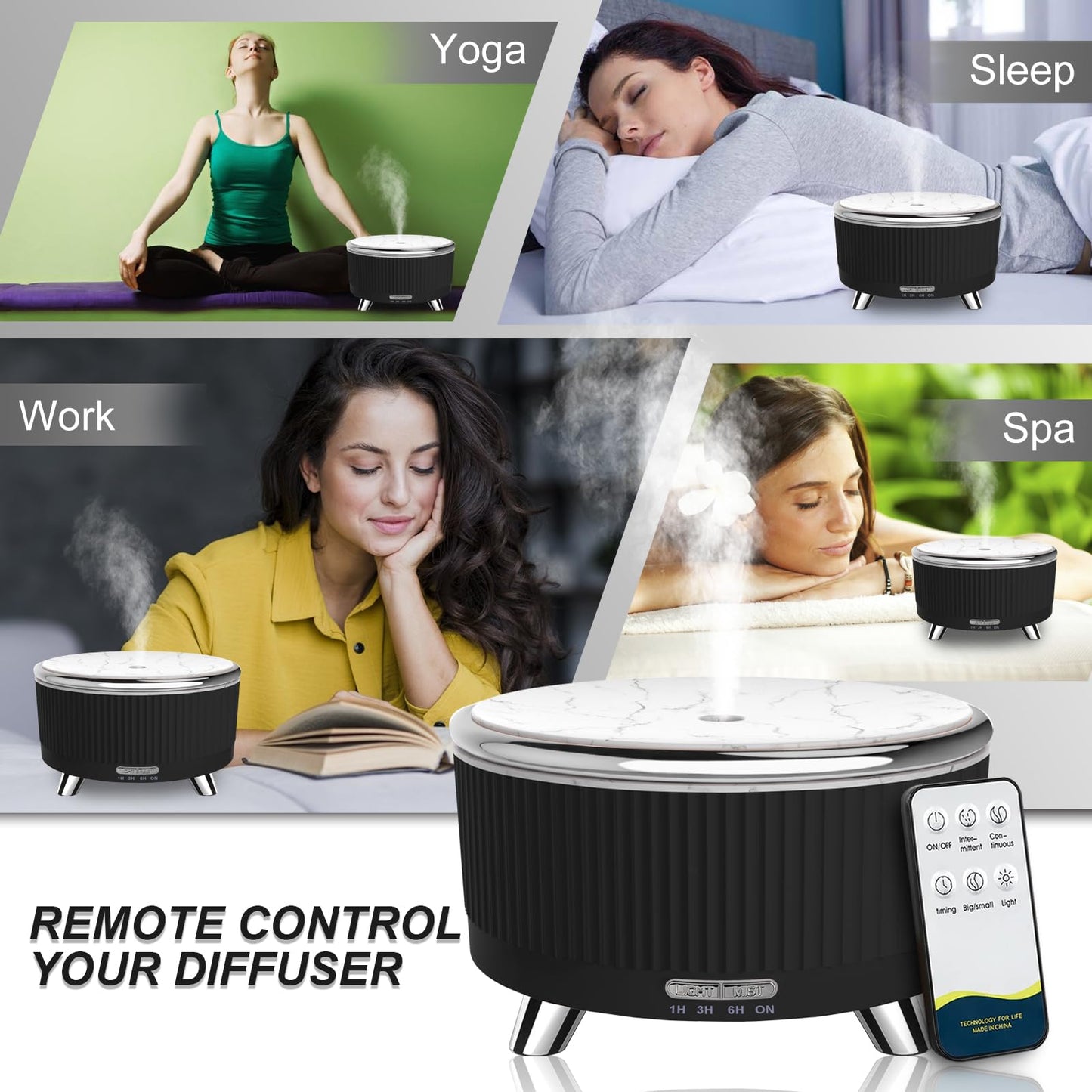 Diffusers for Essential Oils - 500ml Large Room Aromatherapy Diffuser with Remote, 7 Color Lights, 3 Mist Modes, Auto Off (Black/Silver)
