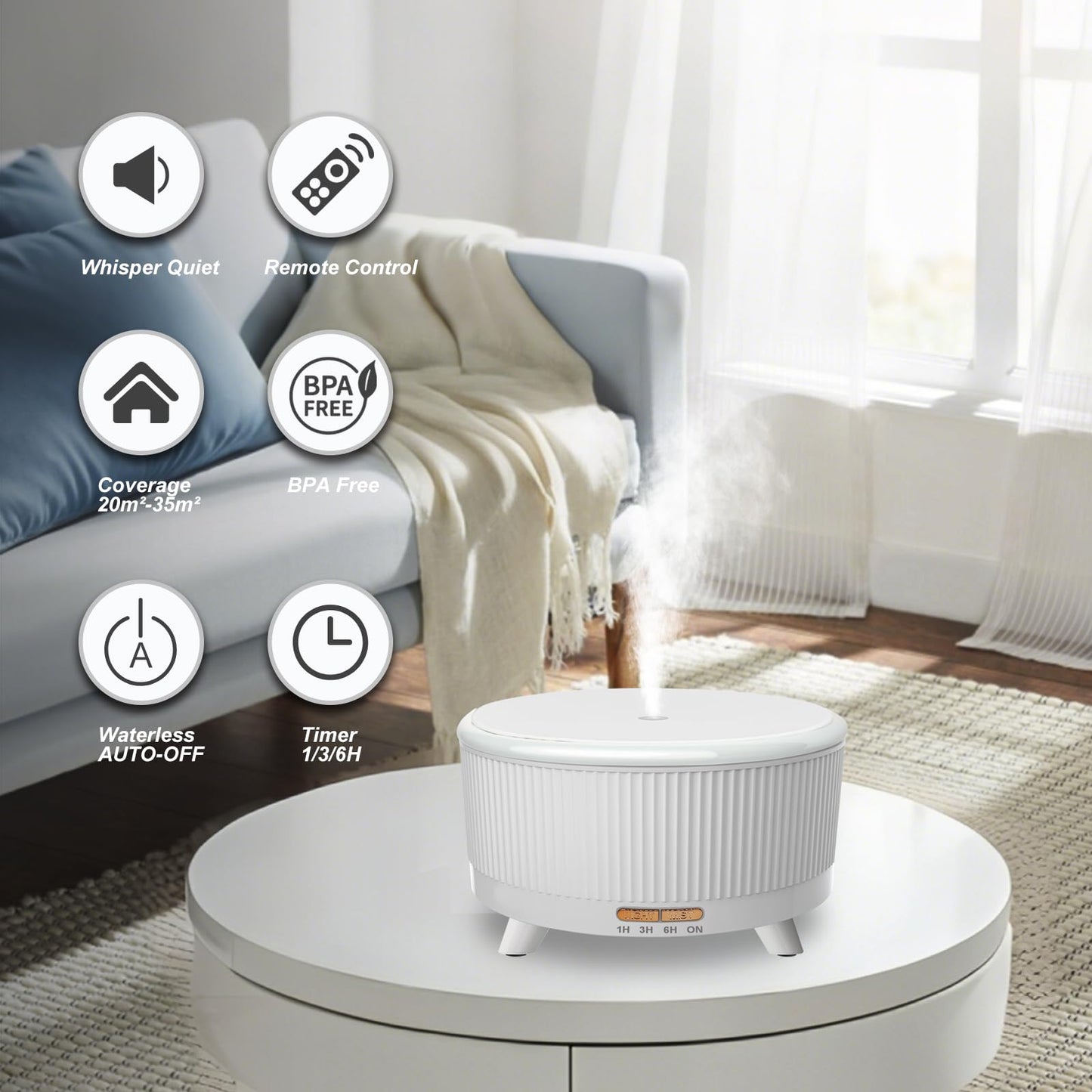 500ml Large Room Essential Oil Diffuser with Remote – Aromatherapy Humidifier, 7 LED Colors, 3 Mist Modes, Auto-Off