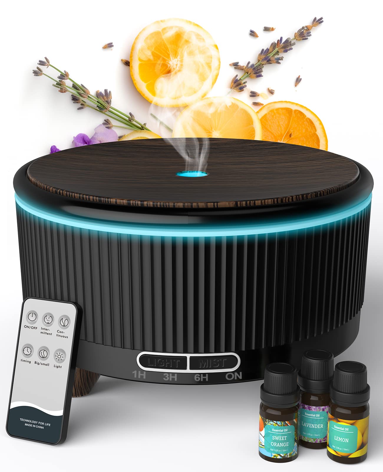 Diffusers for Essential Oils – Large Room 500ml Aromatherapy Diffuser with Remote (7 Colors) – Black