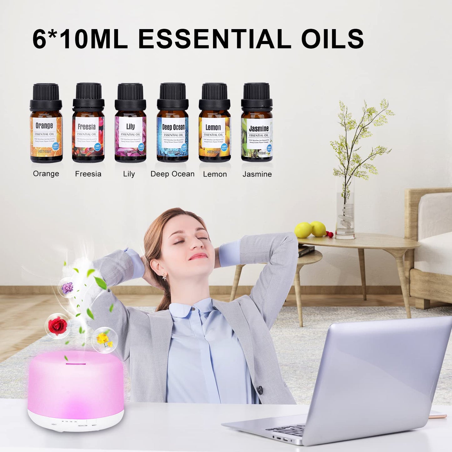 500ml Essential Oil Diffuser with 6x10ml Oils, BPA-Free Ultrasonic Humidifier, 7 Color Lights, Auto-Off, Remote Control