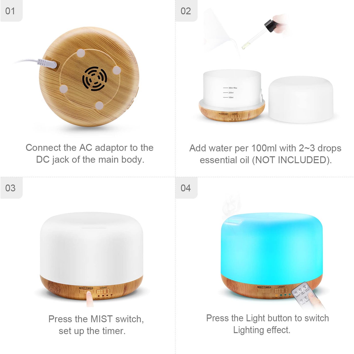 300ML Essential Oil Diffuser with Remote Control – Ultrasonic Cool Mist Humidifier, 7 LED Colors, Auto-Off