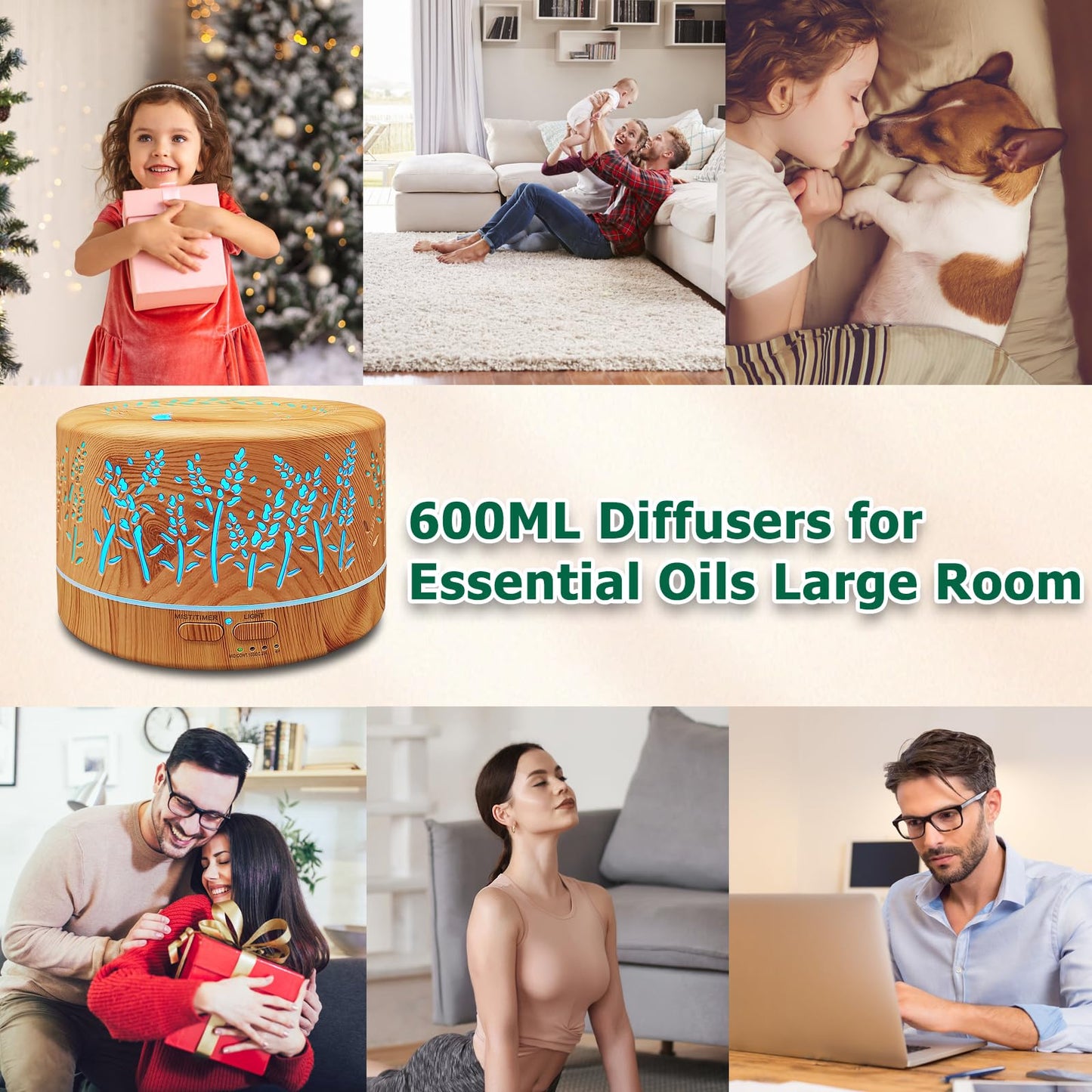 Diffusers for Essential Oils Large Room 600ml | Waterless Auto Off | 7 Colors | 3 Mist Modes | Light Wood