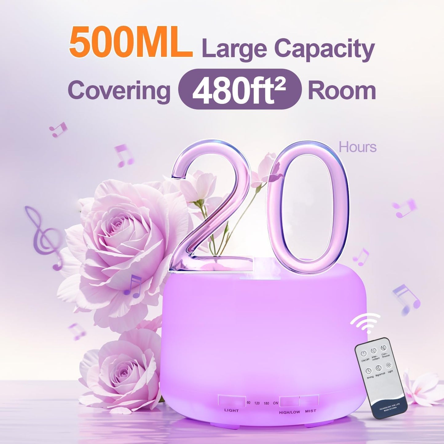 Diffusers for Essential Oils – 500ML Large Room with Remote, 8 Colors | Aromatherapy Diffuser