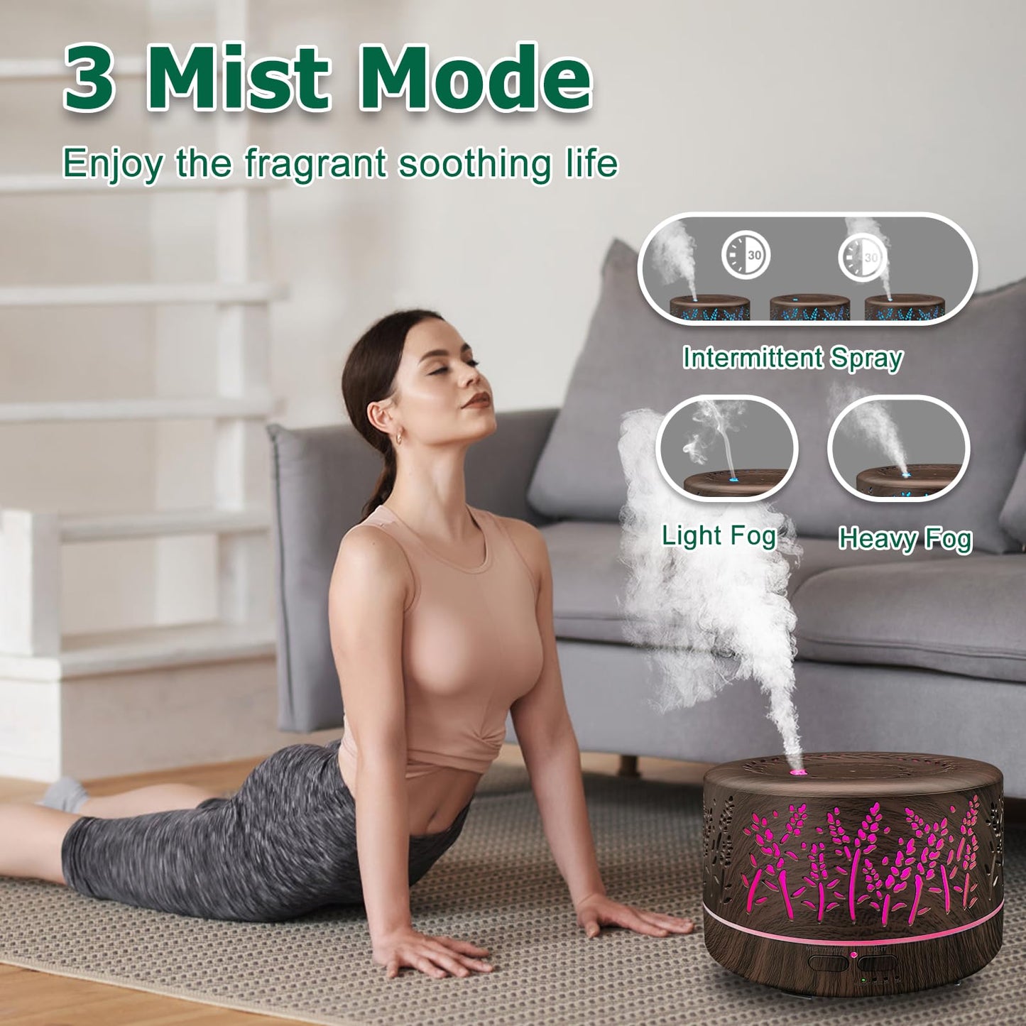 600ml Large Room Essential Oil Diffuser - Waterless Auto-Off, 7-Color LED Lights, 3 Mist Modes | Dark Wood
