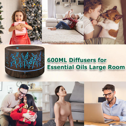 600ml Large Room Essential Oil Diffuser - Waterless Auto-Off, 7-Color LED Lights, 3 Mist Modes | Dark Wood