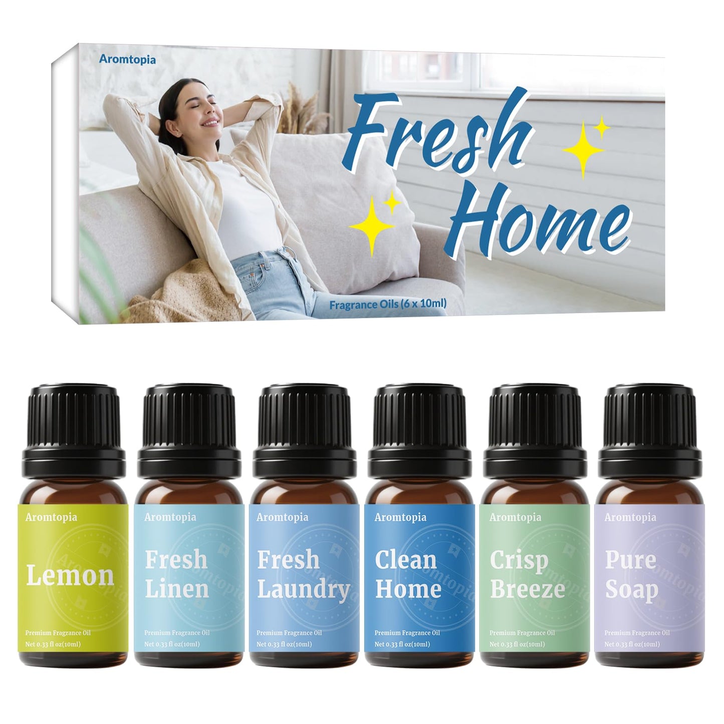 Diffuser Fragrance Oils – Aromtopia Fresh Home Set (6x10ml): Fresh Linen, Lemon