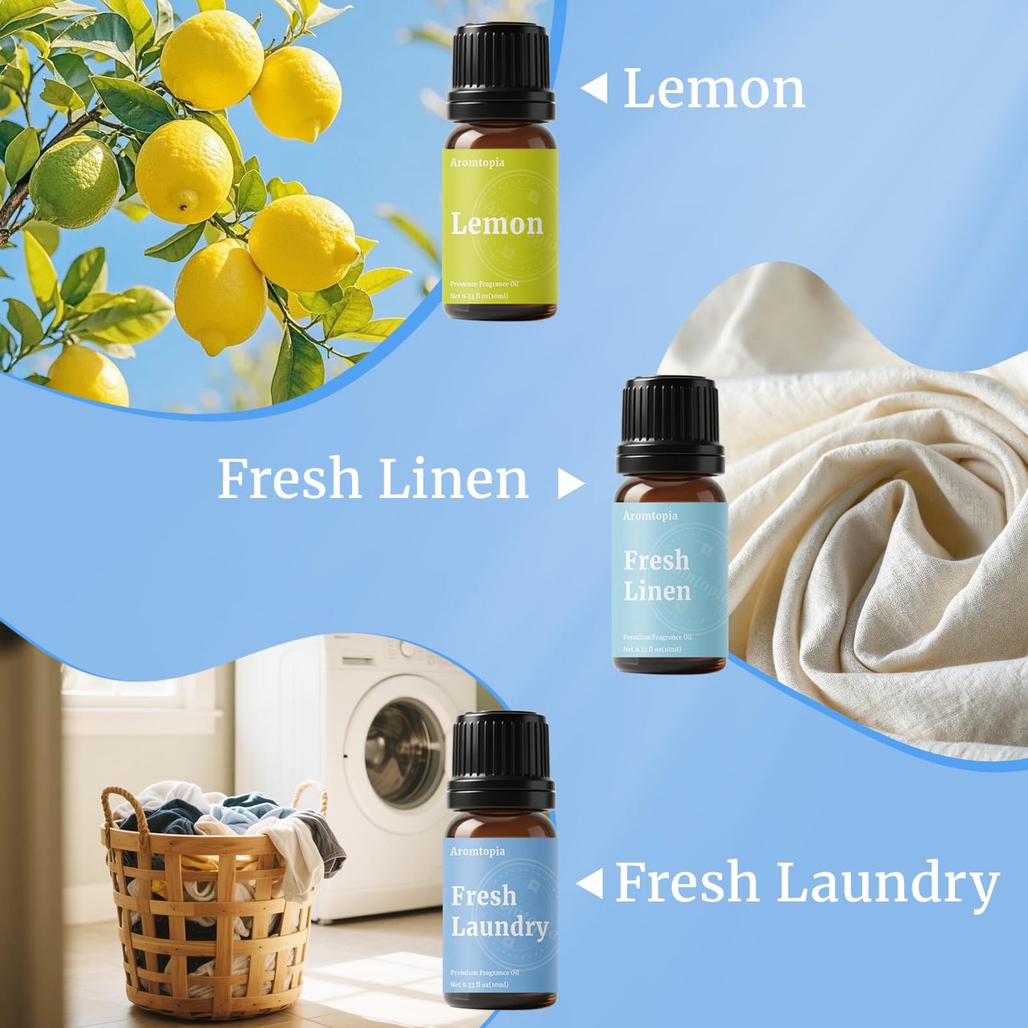 Diffuser Fragrance Oils – Aromtopia Fresh Home Set (6x10ml): Fresh Linen, Lemon