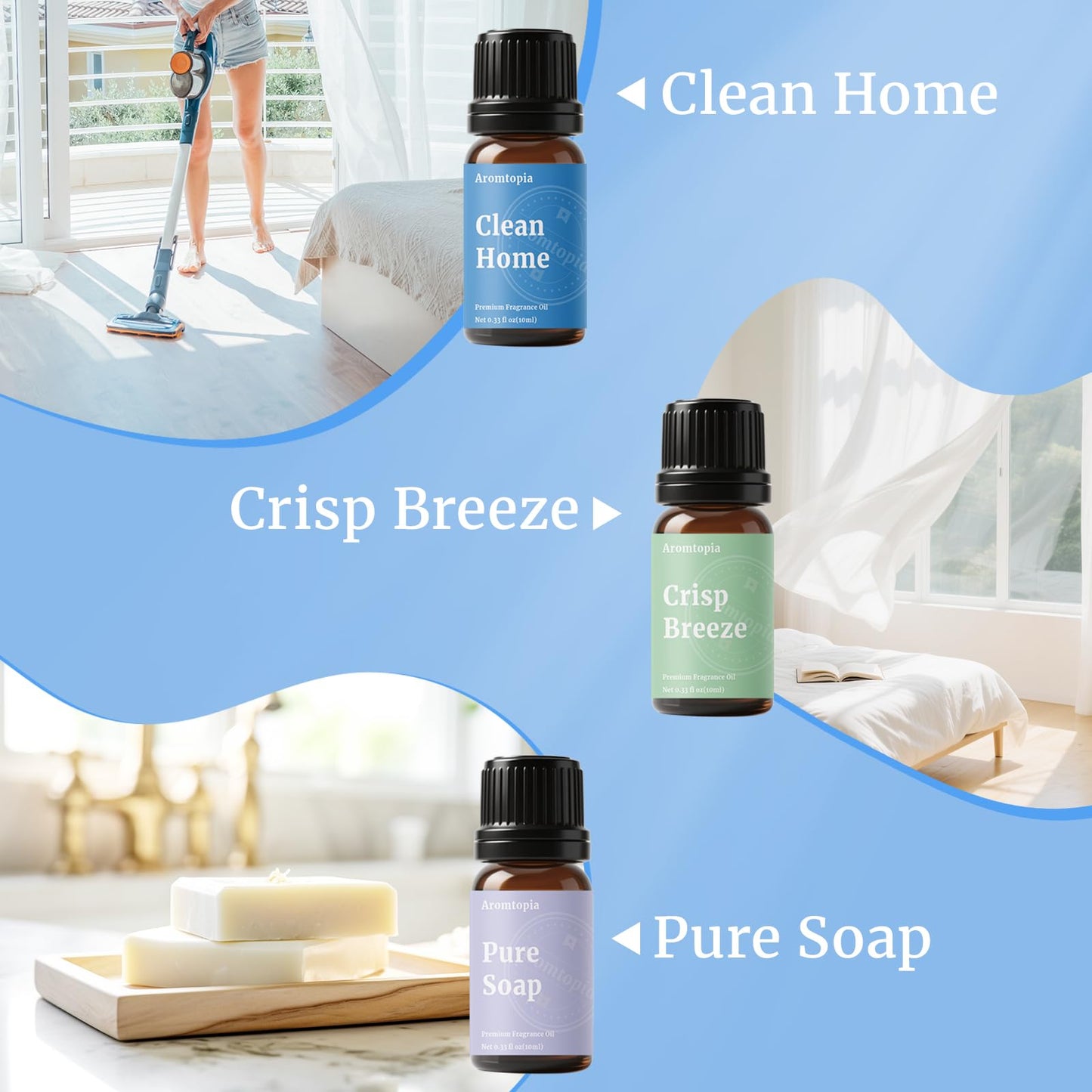 Diffuser Fragrance Oils – Aromtopia Fresh Home Set (6x10ml): Fresh Linen, Lemon