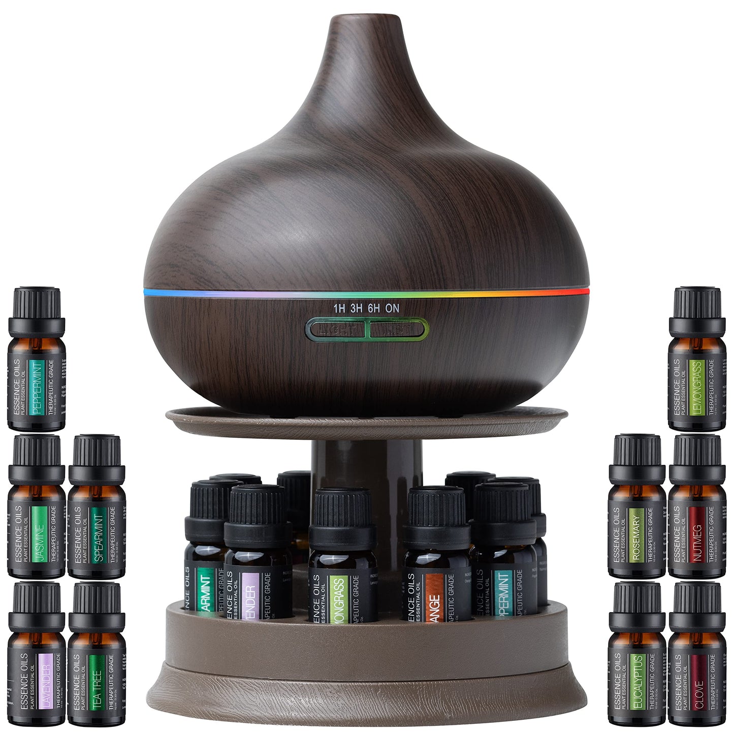 Ultimate Aromatherapy Diffuser & Top 10 Essential Oils – 300ml Dark Oak Stand