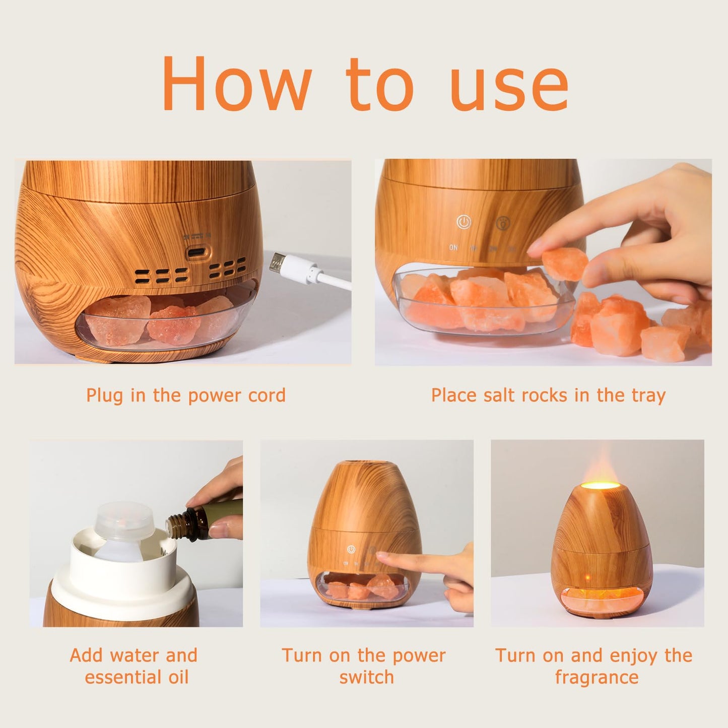 Ultrasonic Essential Oil Diffuser with Himalayan Salt Rock - 100ML, Flame Effect, Auto Off