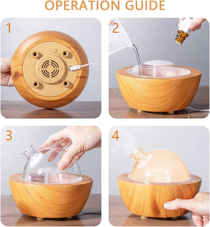 280ml Glass Essential Oil Diffuser – Wood Grain Base | Auto Shut-Off | 7-Color LED Lights
