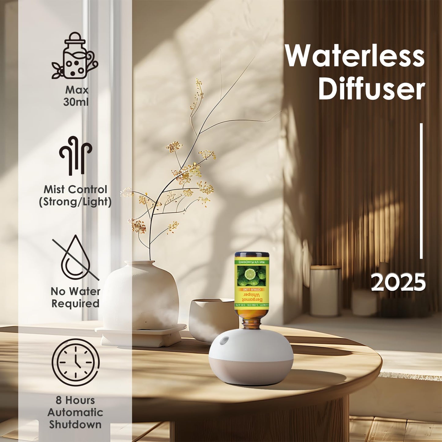 Rechargeable Waterless Oil Diffuser – 2 Mist Modes, 6 Essential Oils Starter Kit (Home, Car, Office)