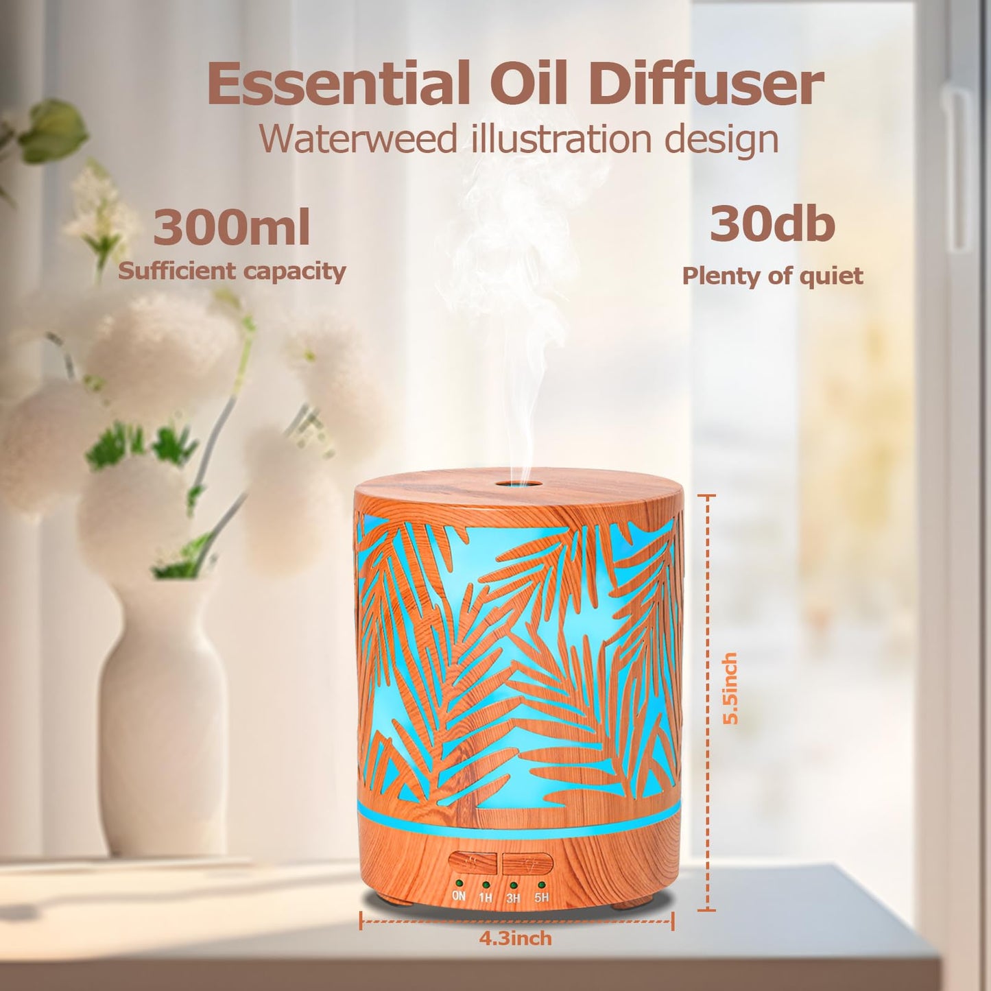 Essential Oil Diffuser – Metal Aromatherapy 300ML Ultrasonic Cool Mist for Large Rooms