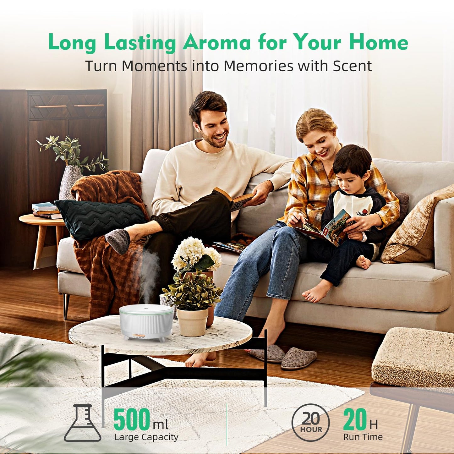 20-Hour 500ML Aromatherapy Diffuser – Ultrasonic Mist, Remote, Auto-Off, 7-Color Lights | Minimalist White
