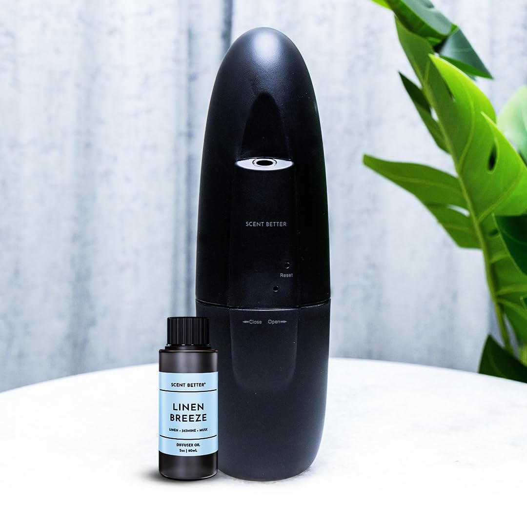 Scent Better Plug-In Waterless Diffuser for 500 sq ft – Free Linen Breeze (60 mL) – Black