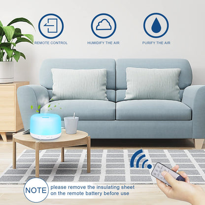 500ml Essential Oil Diffuser with 6x10ml Oils, BPA-Free Ultrasonic Humidifier, 7 Color Lights, Auto-Off, Remote Control