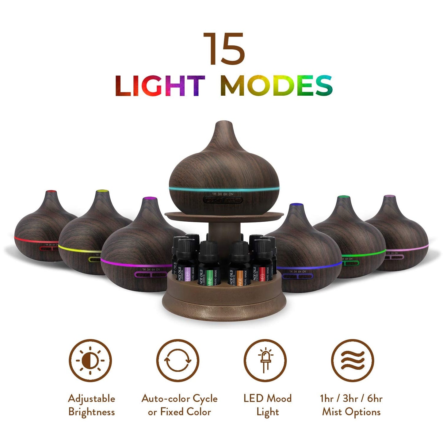 Ultimate Aromatherapy Diffuser & Top 10 Essential Oils – 300ml Dark Oak Stand