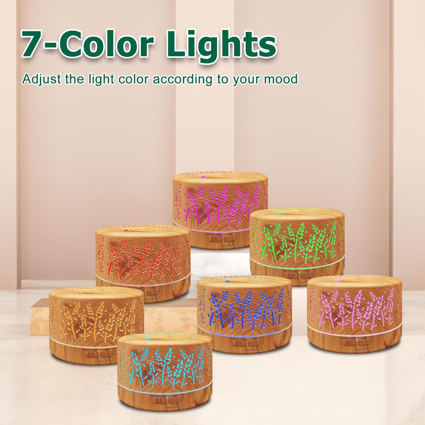 Diffusers for Essential Oils Large Room 600ml | Waterless Auto Off | 7 Colors | 3 Mist Modes | Light Wood