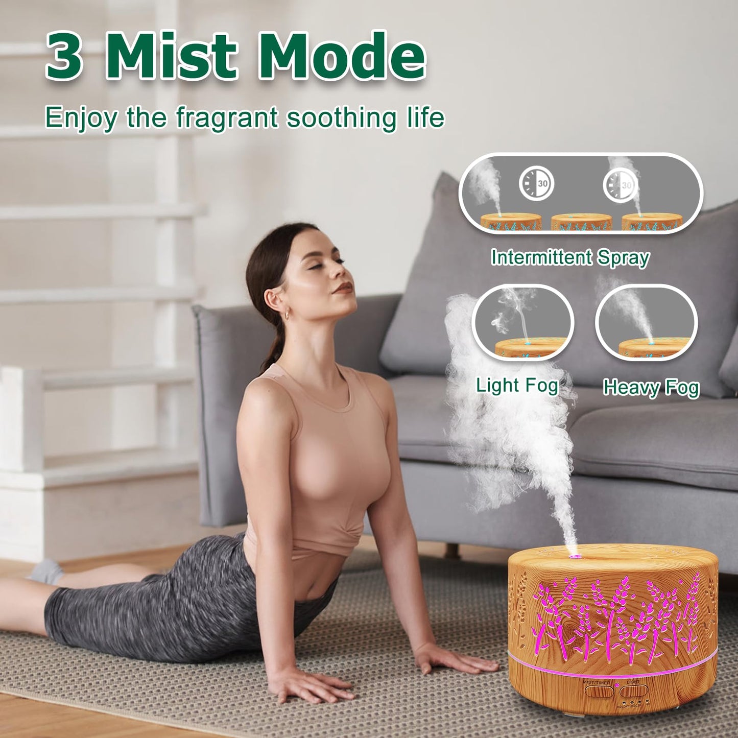 Diffusers for Essential Oils Large Room 600ml | Waterless Auto Off | 7 Colors | 3 Mist Modes | Light Wood