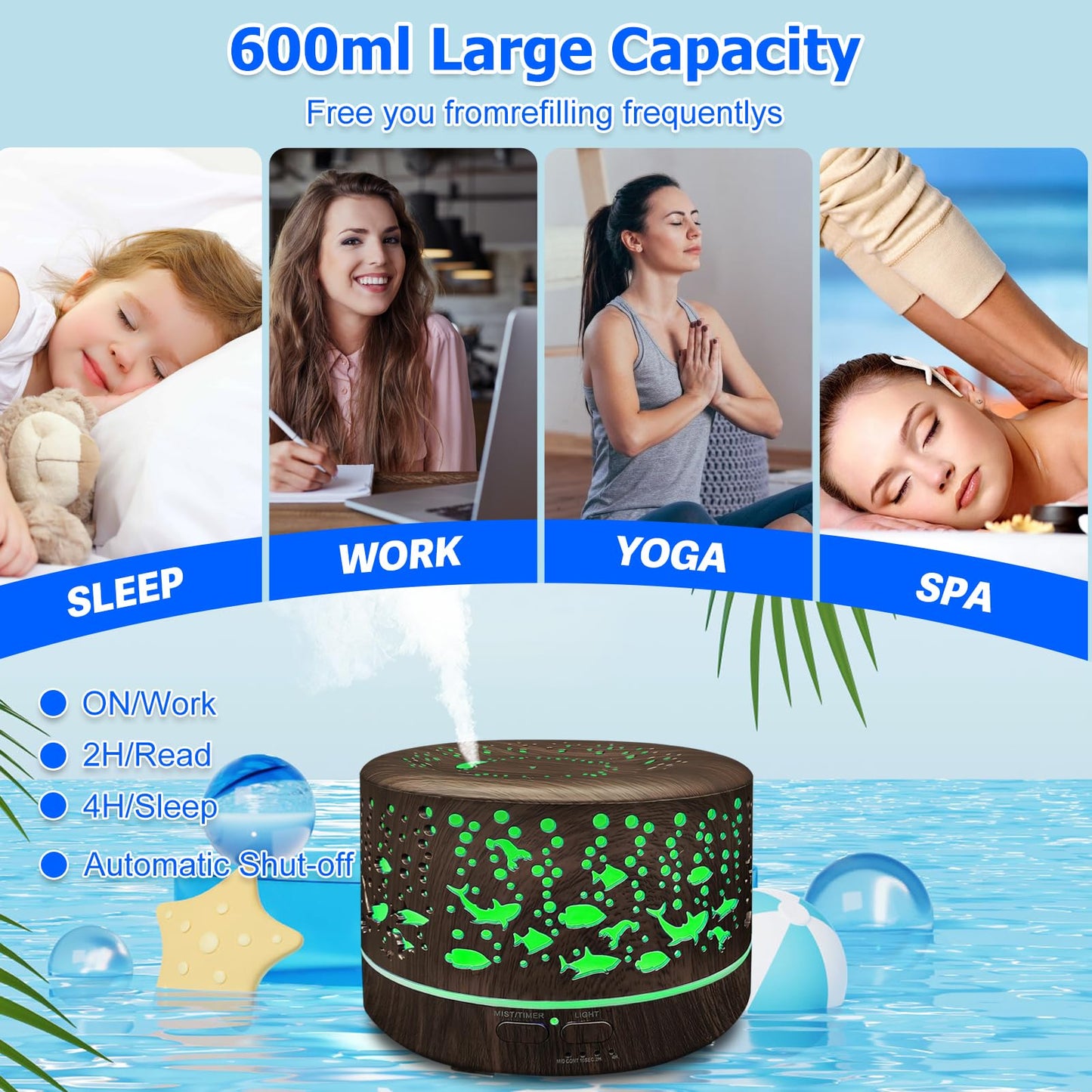 600ml Large Room Essential Oils Diffuser – Auto-Off, 7 Colors, 3 Mist Modes (Dark Wood)