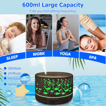 600ml Large Room Essential Oils Diffuser – Auto-Off, 7 Colors, 3 Mist Modes (Dark Wood)