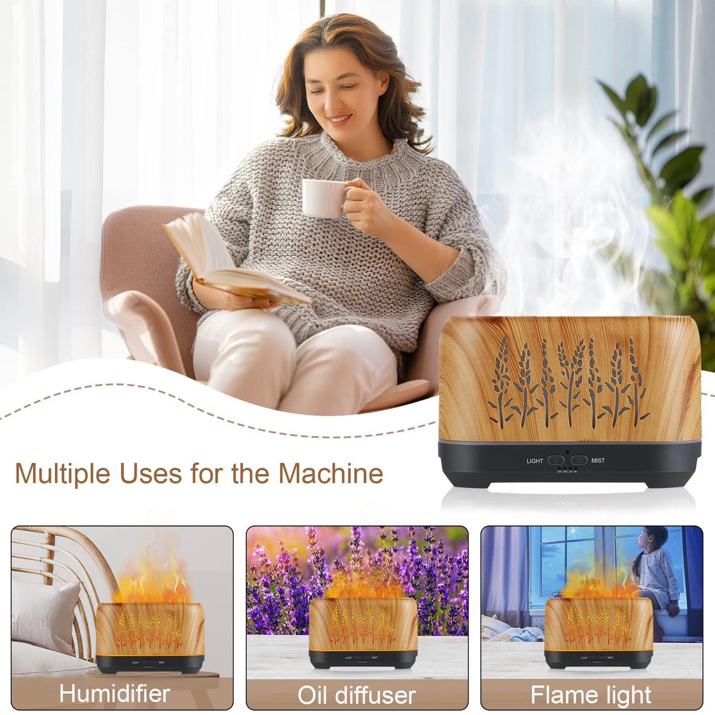 NEWYID 240ml Ultrasonic Essential Oil Diffuser - Flame, 3 Mist Modes, 12H Auto-Off