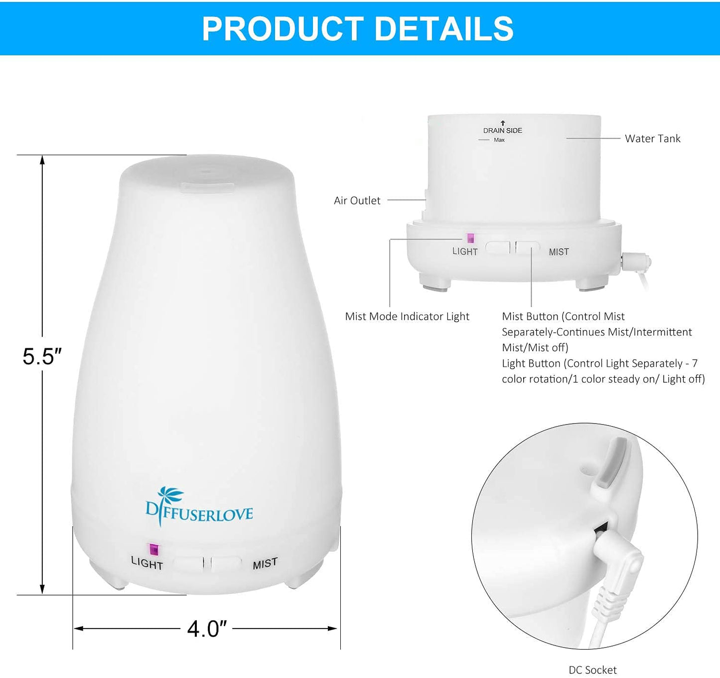 Diffuserlove 2 Pack 200ml Essential Oil Diffuser – Ultrasonic, 7-Color LED