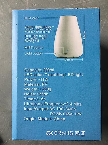 Diffuserlove 200ML Essential Oil Diffuser - Quiet Aroma Diffuser with 7 Color LED Lights, Auto Shut-Off for Bedroom, Office