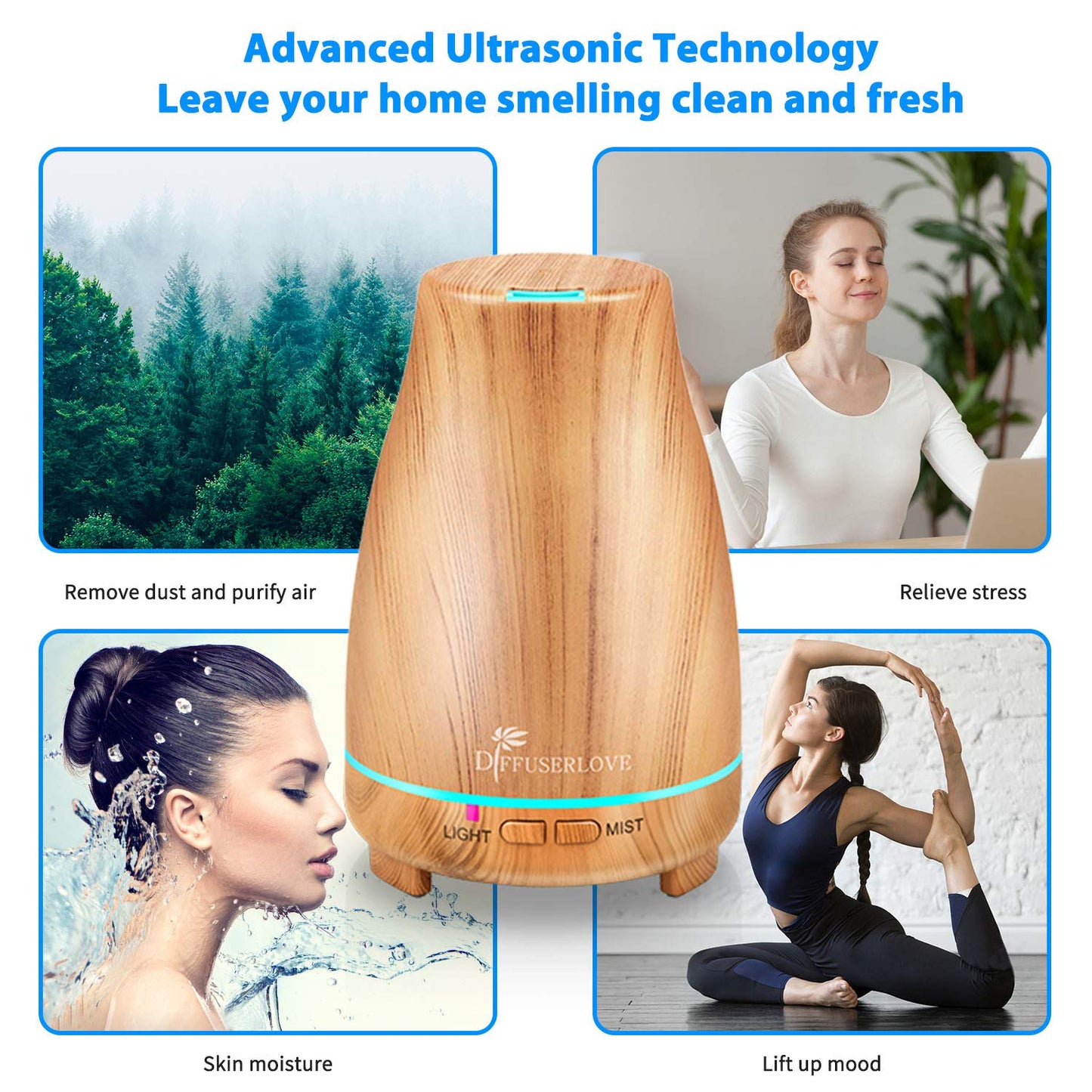 Diffuserlove 200ML Essential Oil Diffuser - Quiet Aroma Diffuser with 7 Color LED Lights, Auto Shut-Off for Bedroom, Office