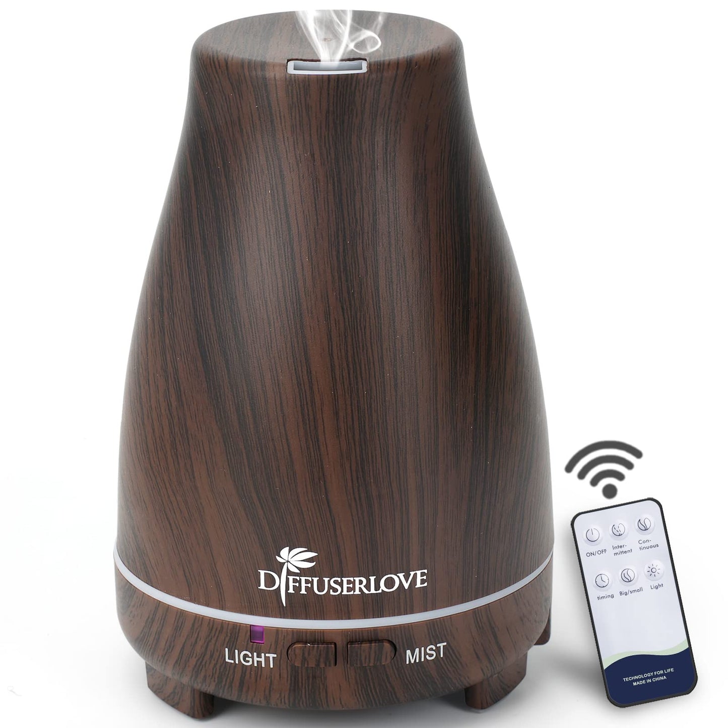 Diffuserlove 200ML Essential Oil Diffuser with Remote - 7 Color Lights, Auto Shut-Off, Black Wood Grain