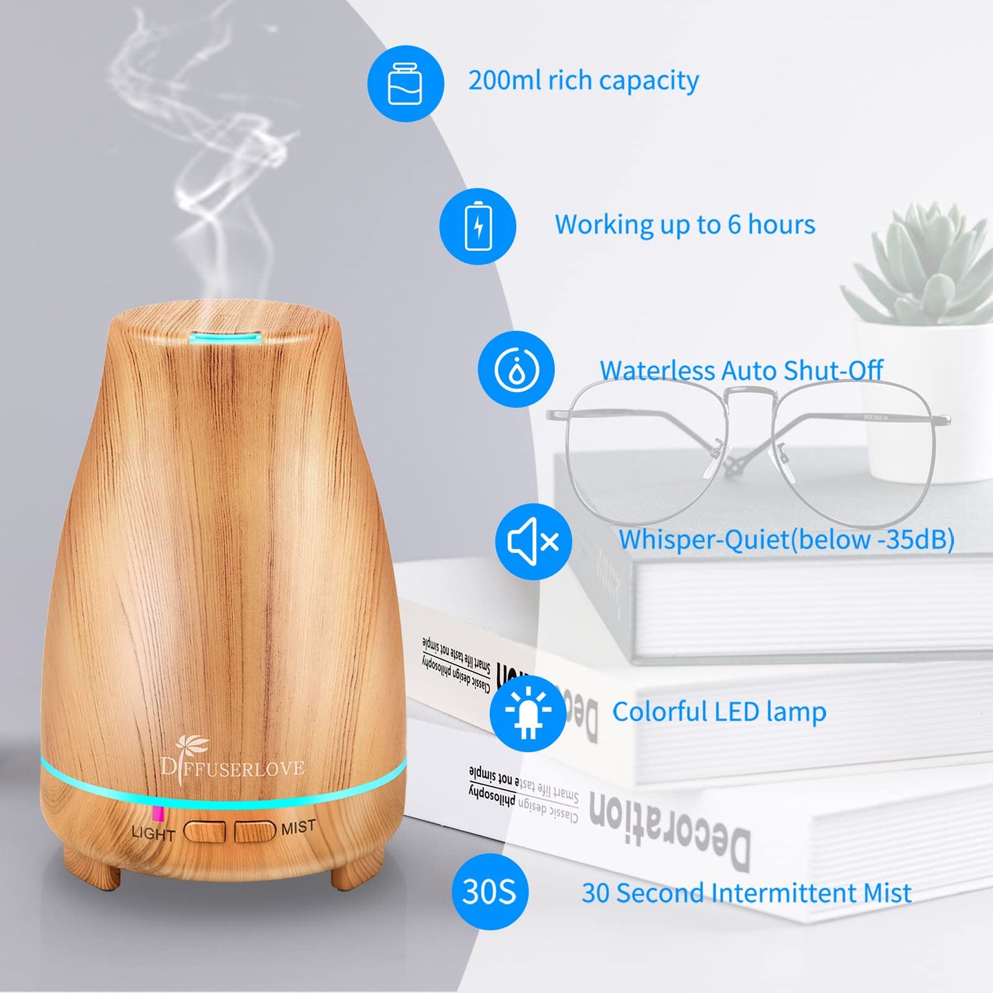 Diffuserlove 200ML Essential Oil Diffuser with Remote - 7 Color Lights, Auto Shut-Off (Yellow Wood Grain)